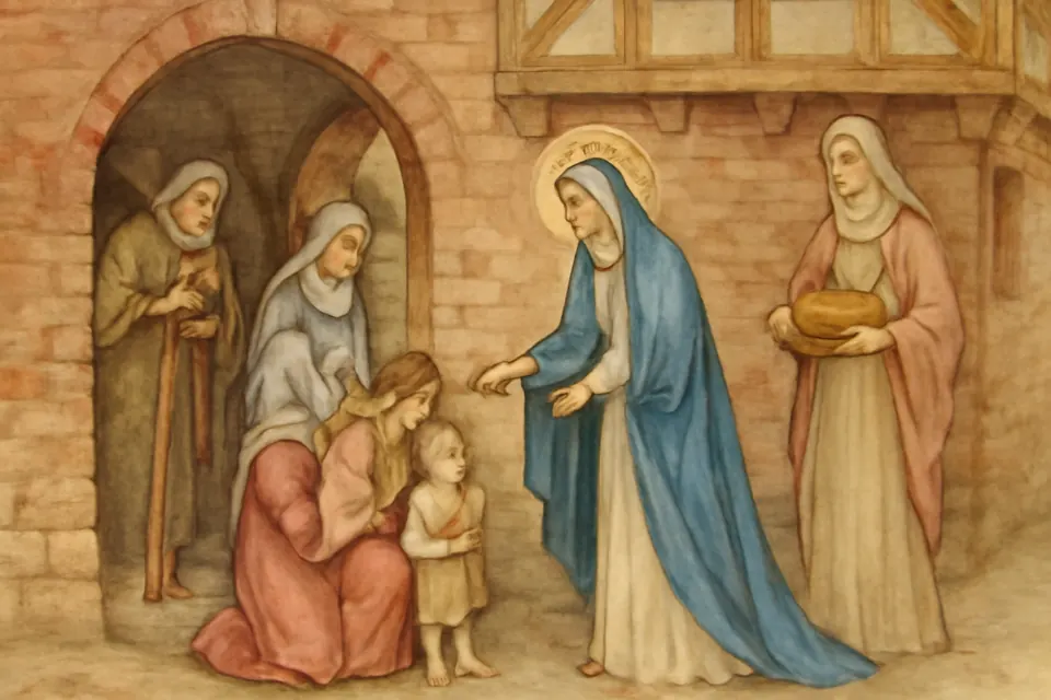 Watercolor scene of Queen Jadwiga giving bread and coins to poor families at the gate of a hospital in medieval Kraków