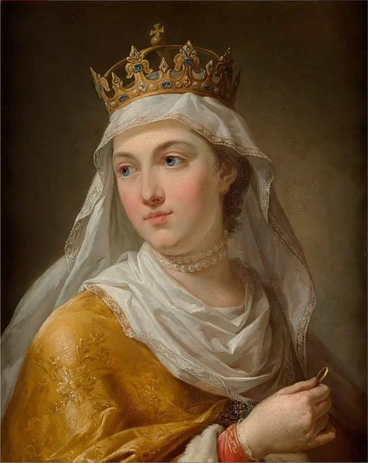 Painted portrait of a young woman with a gold crown over a white veil, a pearl choker and a gold mantle, looking to the side