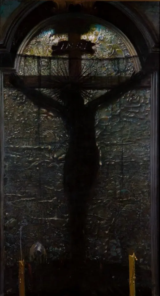 Dark painting of a large black crucifix against a dim metal-covered wall in a cathedral, with two candles below