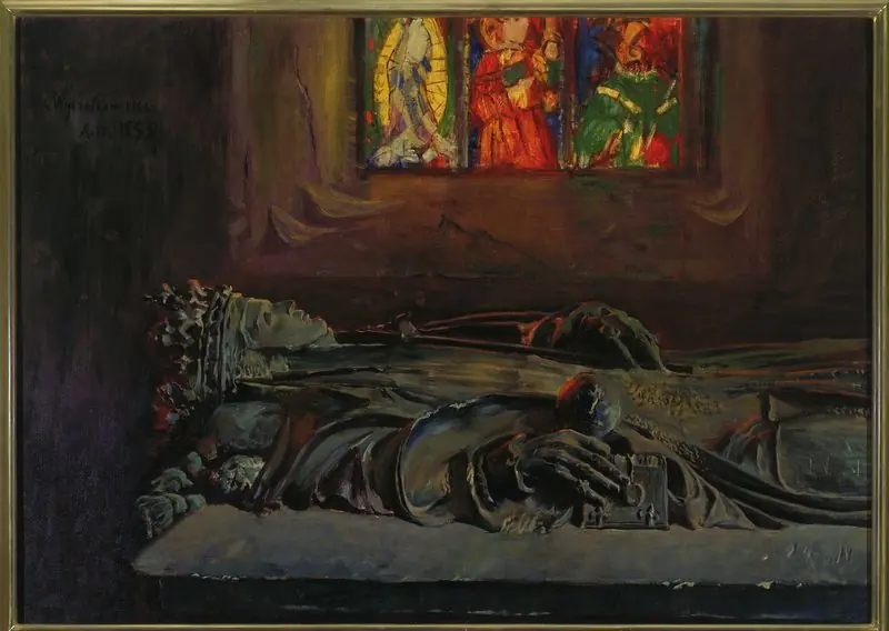 Painting of a carved stone tomb effigy of a crowned figure lying in a dark chapel beneath colorful stained-glass windows