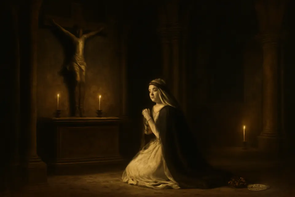 Oil-painting-style scene of Queen Jadwiga kneeling alone in prayer at night before the large dark crucifix in Wawel Cathedral