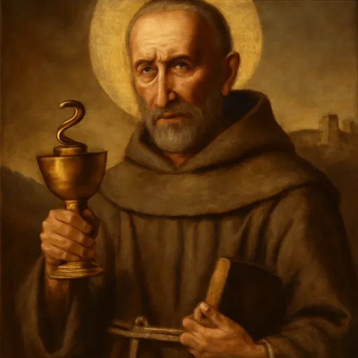 Oil-painting-style portrait of St. James of the Marches, a Franciscan friar holding a chalice from which a small serpent rises