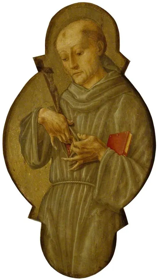 A shaped gold panel of a young-looking Franciscan friar with a halo, holding a small crucifix and a red book