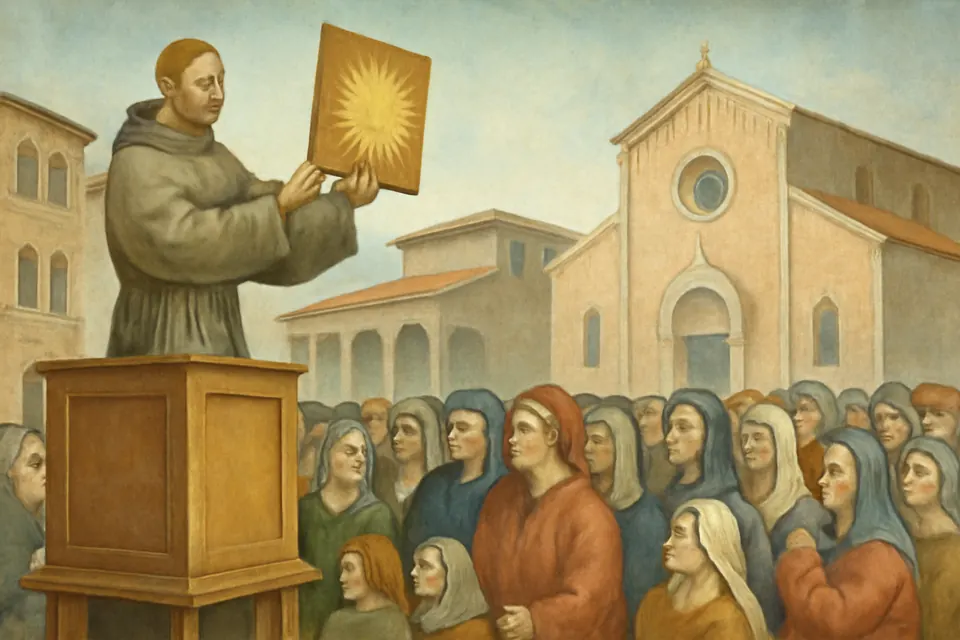 Fresco-style scene of a Franciscan friar preaching from a wooden pulpit in a crowded Italian town square, holding up a tablet with the name of Jesus in gold rays