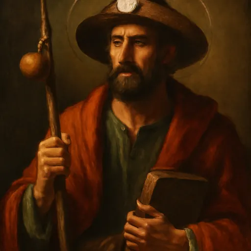 Oil-painting-style portrait of St. James the Greater as a bearded pilgrim apostle with a broad hat bearing a scallop shell, a pilgrim's staff and a book