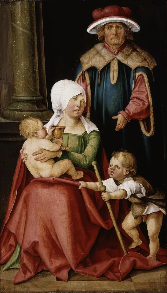 German Renaissance panel of Mary Salome in a white head scarf holding a baby on her lap while a small boy with a pilgrim's staff tugs at her robe, and Zebedee in a fur-trimmed coat and red hat stands behind