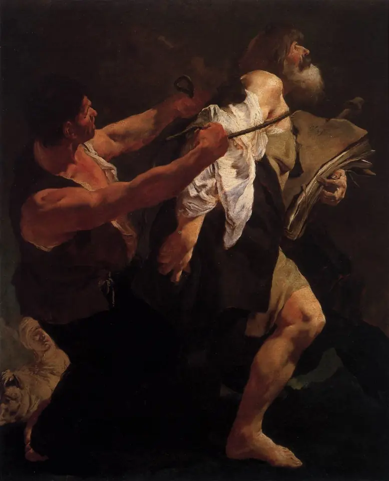 Baroque painting of a muscular executioner hauling the elderly, bearded St. James forward by a rope as the saint clutches a book and looks up