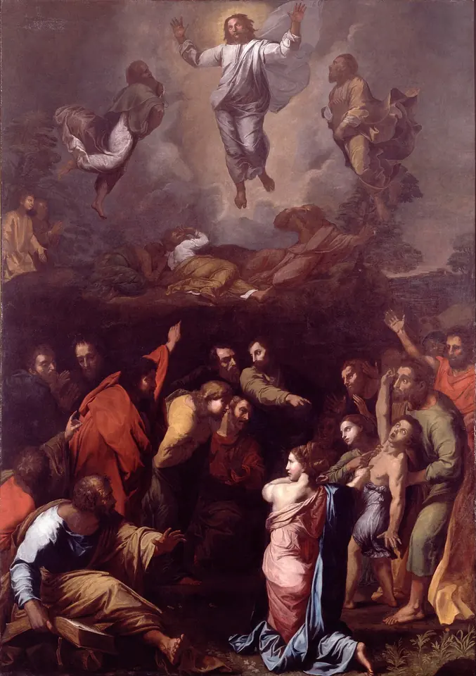 Raphael's altarpiece with Christ floating in white light above a hilltop between Moses and Elijah, three apostles thrown to the ground beneath him, and a crowd around a possessed boy below