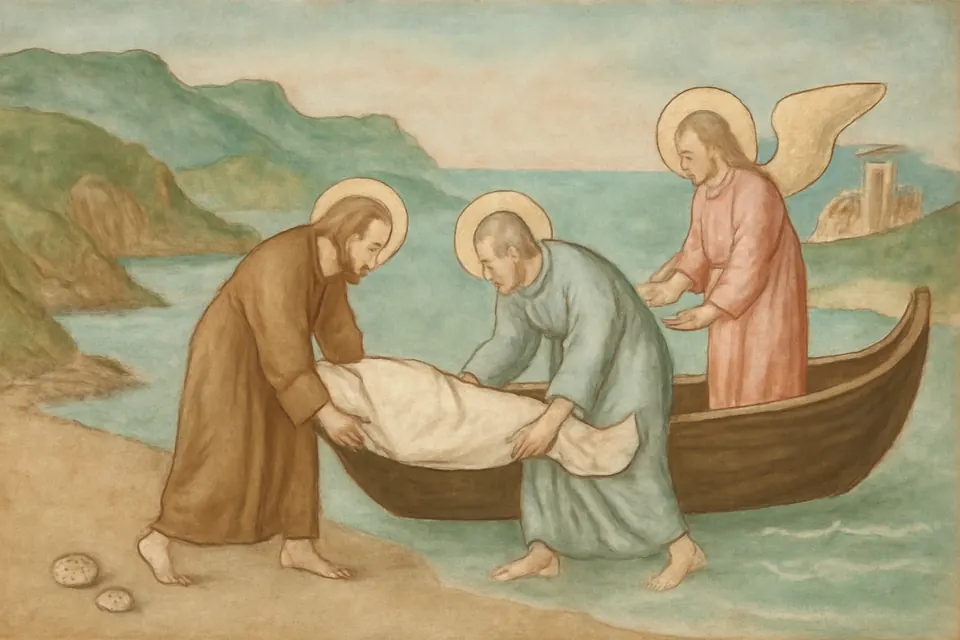 Illustration of the disciples of St. James bringing his body ashore from a small boat on the coast of Galicia