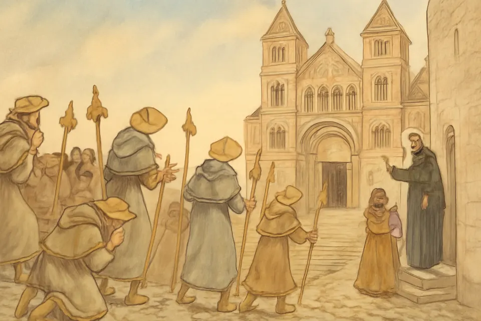 Illustration of medieval pilgrims with staffs and scallop shells arriving at the cathedral of Santiago de Compostela