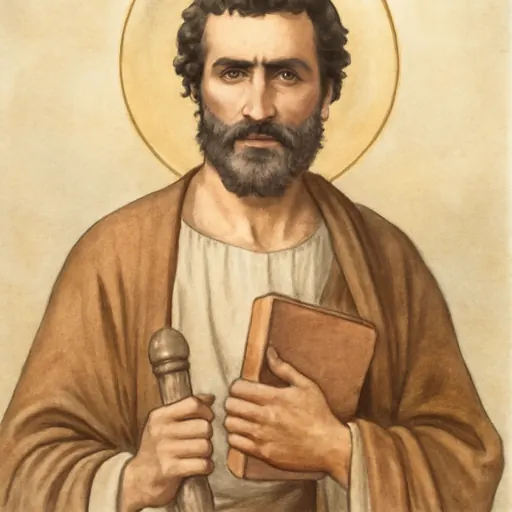 Oil-painting-style portrait of St. James the Less as a bearded apostle in a plain mantle, holding a book and a wooden fuller's club