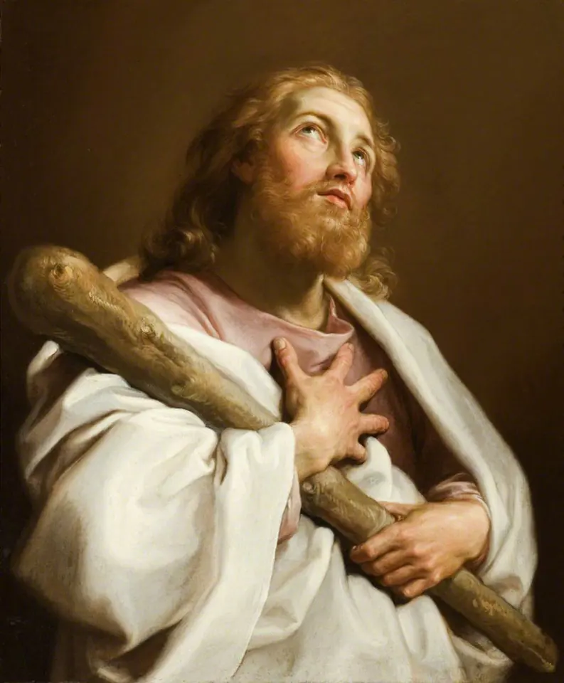 Pompeo Batoni's painting of a young bearded apostle in a white mantle, his hand on his chest and his eyes raised, holding a large wooden club across his body