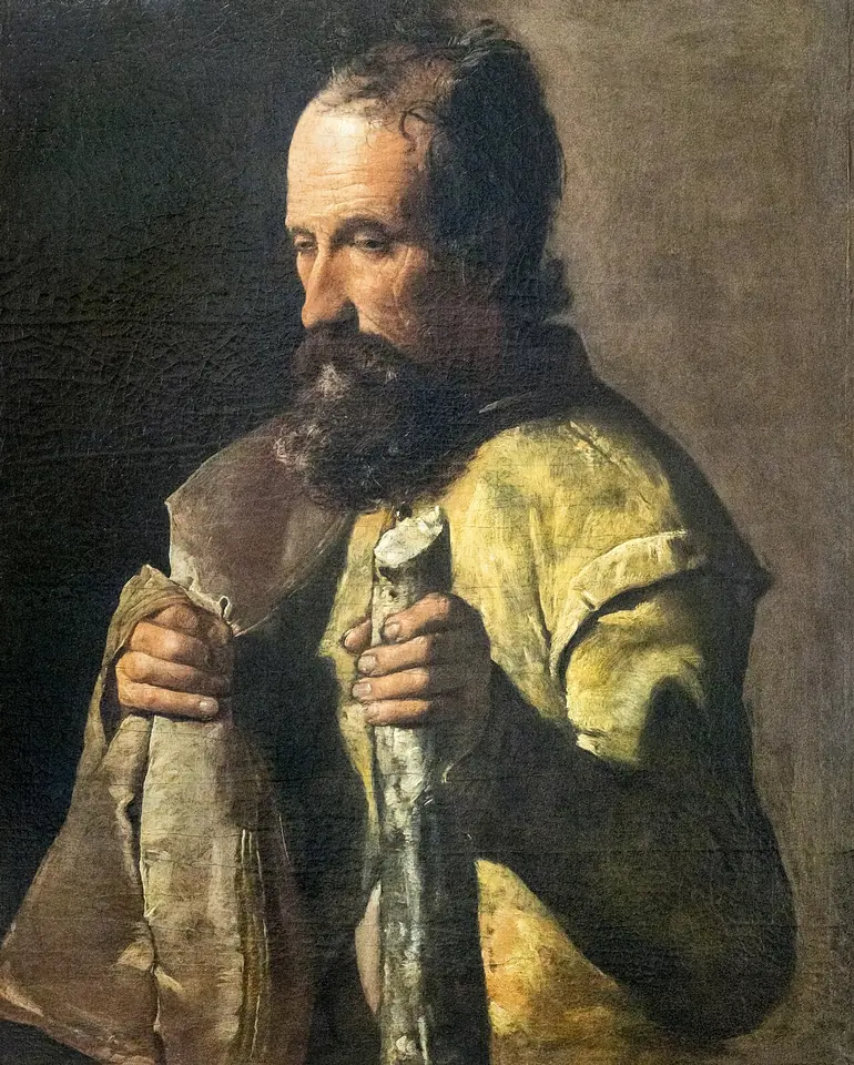 Georges de La Tour's painting of a balding, bearded man in a rough yellowish coat, gripping the handle of a thick wooden club with both hands
