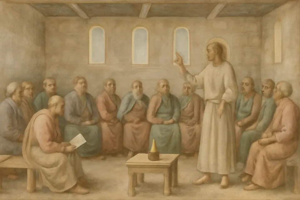 Illustration of James standing to speak before the apostles and elders gathered in a stone room in Jerusalem