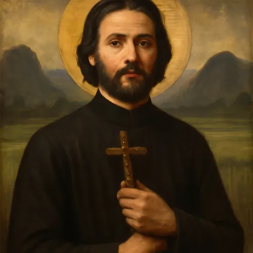 Oil-painting-style portrait of St. Jean-Charles Cornay as a young French missionary priest with shoulder-length dark hair and a short beard, in a black cassock, holding a small crucifix