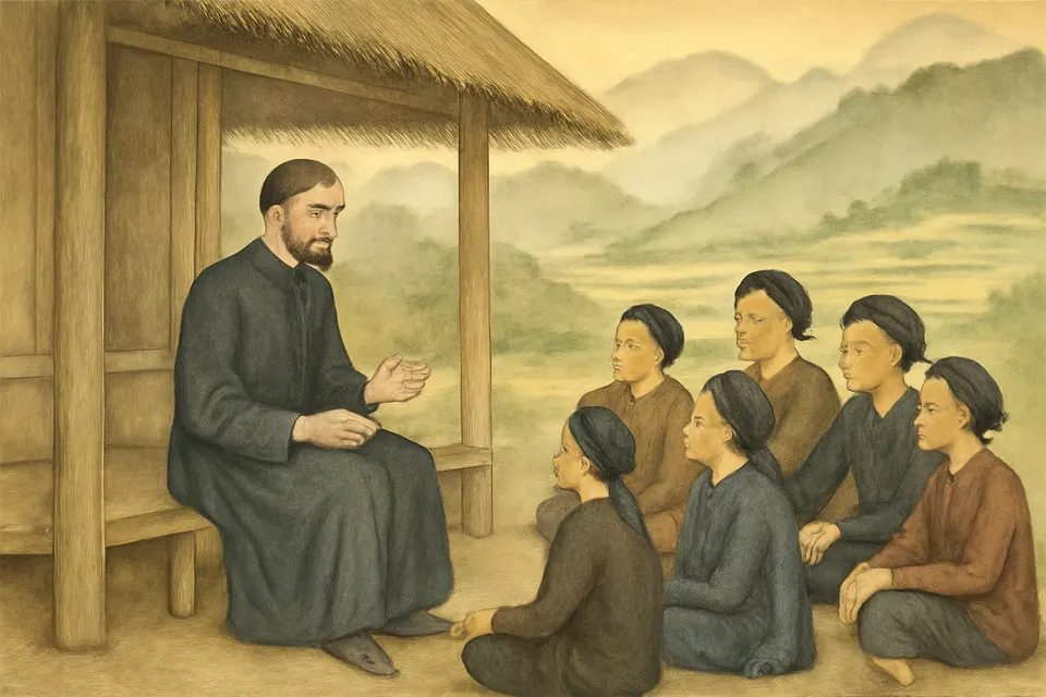 Watercolor-style scene of a young bearded priest in a dark cassock teaching a small group of Vietnamese villagers under a thatched roof in the hills