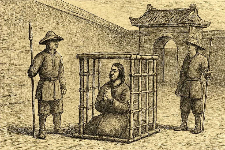 Engraving-style scene of a bearded priest sitting in a small bamboo cage in a prison yard, hands joined, singing, while guards look on in surprise