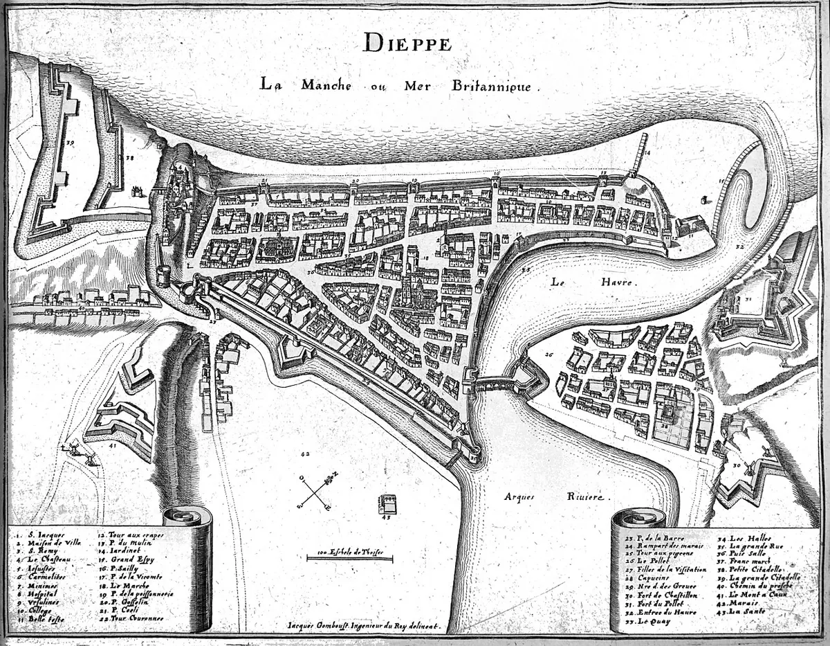 Seventeenth-century engraved bird's-eye plan of the walled port town of Dieppe with its harbor, river mouth, streets and fortifications beside the sea