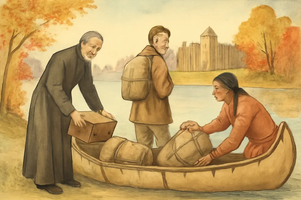 Watercolor-style scene of a young layman and a bearded Jesuit priest loading a birchbark canoe on a riverbank in autumn
