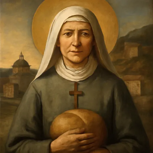 Oil-painting-style portrait of St. Jeanne Delanoue as a woman of about fifty in a plain gray habit and white headdress, holding a loaf of bread, with the dome of a church on a river behind her
