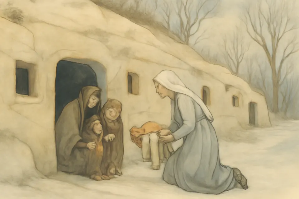 Watercolor-style scene of a woman carrying bread and blankets to a poor family living in a cave dug into a pale limestone hillside