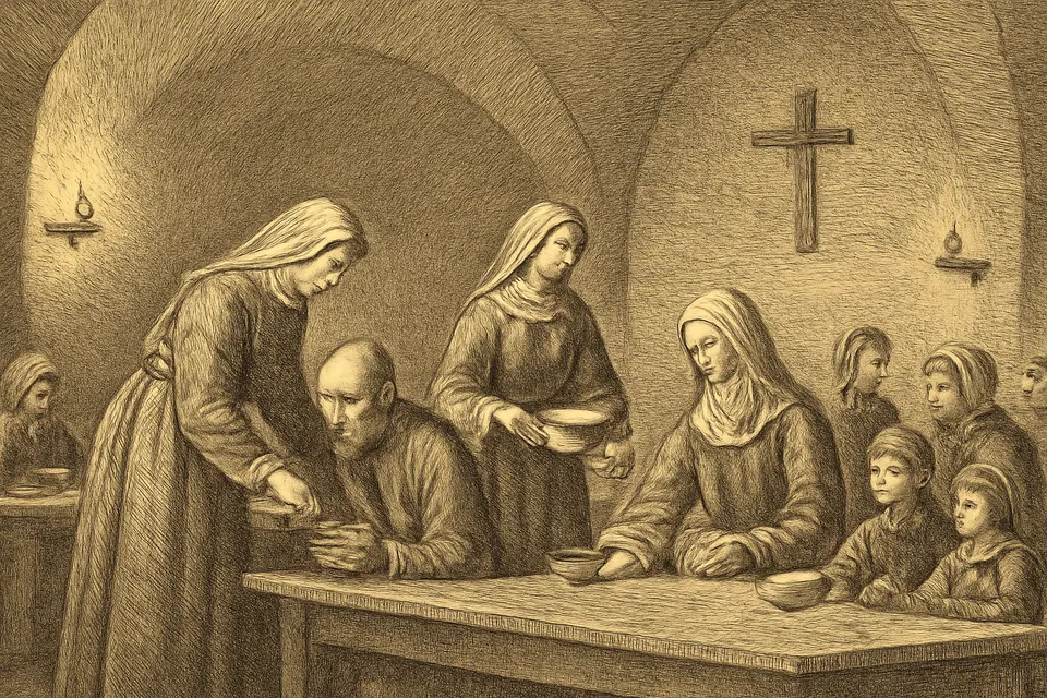 Engraving-style scene of sisters in gray habits serving a meal to old men, women and orphaned children at long tables in a vaulted room cut into rock
