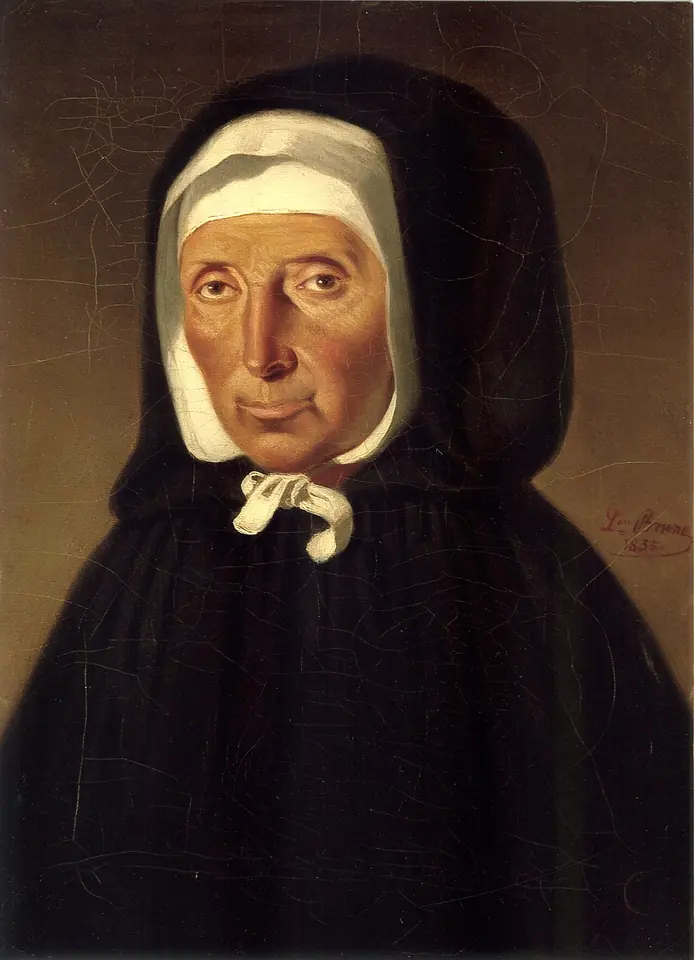Oil portrait of an elderly nun in a black hooded habit over a white cap tied with a white bow at the chin, looking out with a calm, lined face