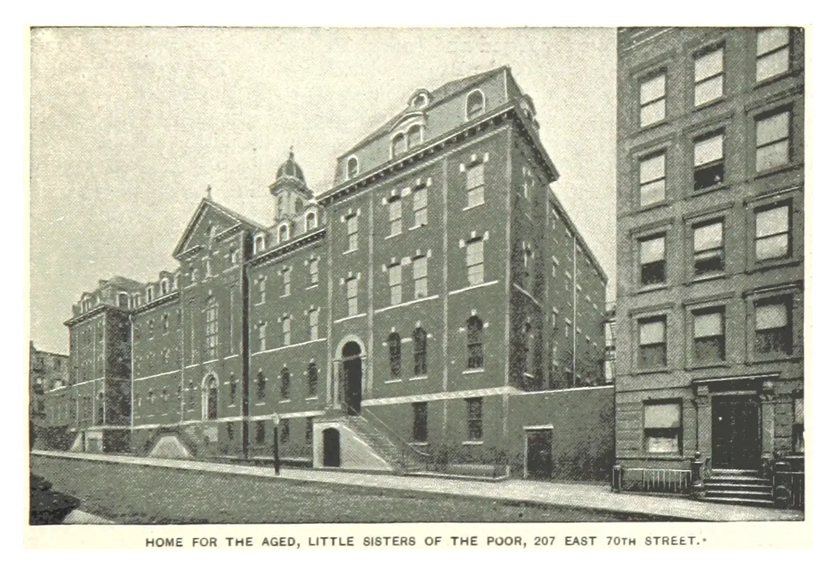 Old halftone print of a large five-story brick building with many windows on a New York street corner