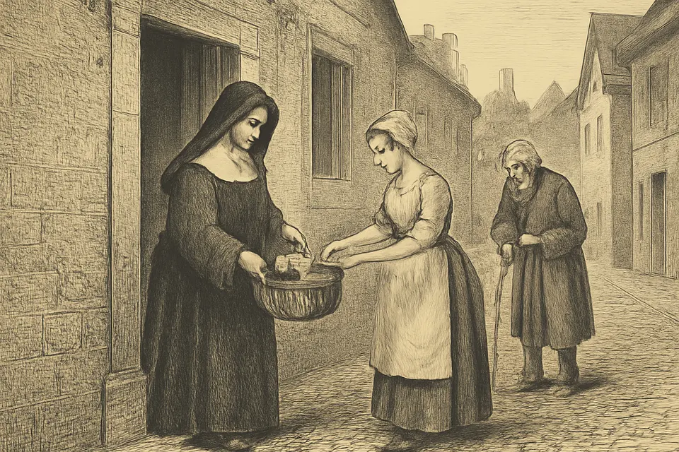Engraving-style illustration of Jeanne Jugan in a black hooded habit holding out a basket at the door of a townhouse, as a servant gives her bread