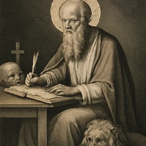 Oil-painting-style portrait of St. Jerome as an old bearded scholar in a red cloak, writing in a large book, with a lion resting beside him