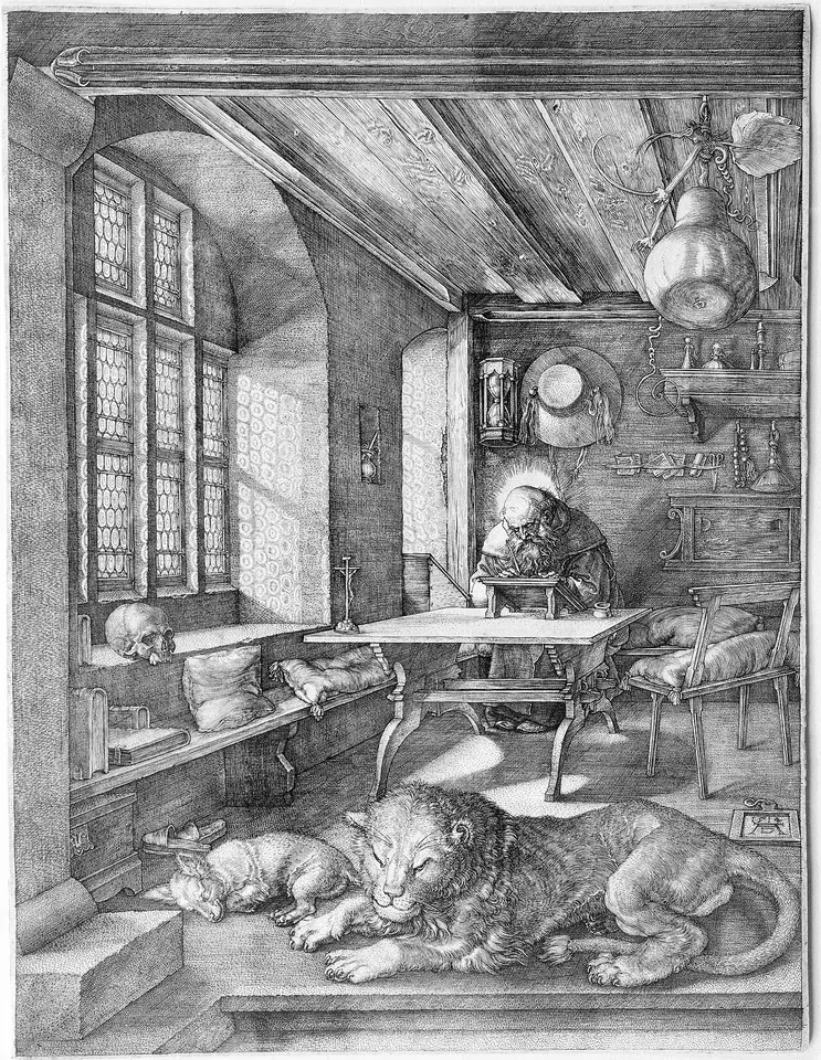 Engraving of Jerome writing at a table in a sunlit room with bull's-eye window panes, with a sleeping lion and a dog on the floor in front of him