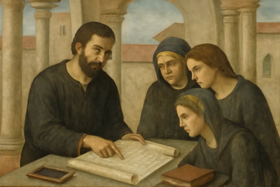 Illustration of Jerome teaching Hebrew from a scroll to Paula, Eustochium and other Roman women in a house on the Aventine Hill