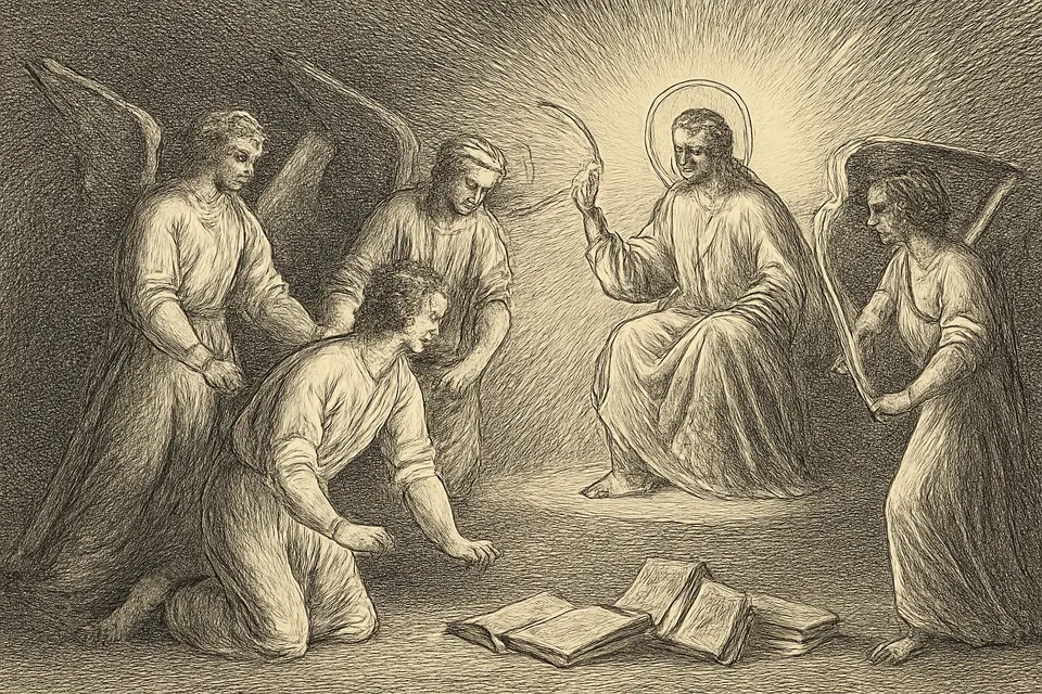 Illustration of the feverish young Jerome dragged before the judgment seat of Christ in a dream and accused of being a follower of Cicero