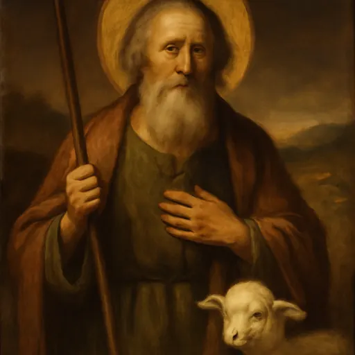 Oil-painting-style portrait of St. Joachim as an old bearded man in a red-brown cloak, holding a shepherd's staff with a lamb at his side