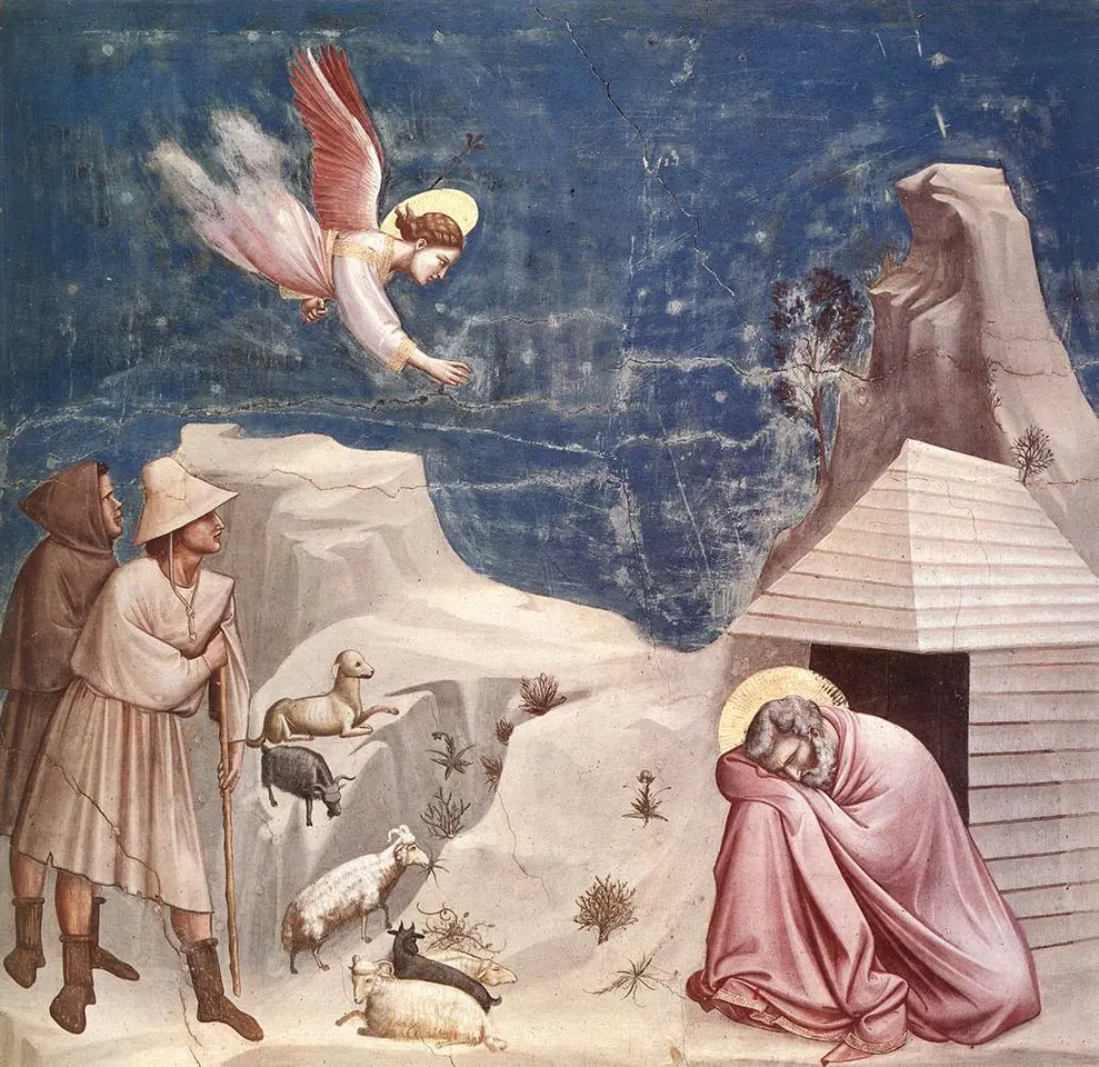 Fresco of an old man asleep, wrapped in a pink cloak beside a small hut, as an angel flies down toward him and two shepherds watch