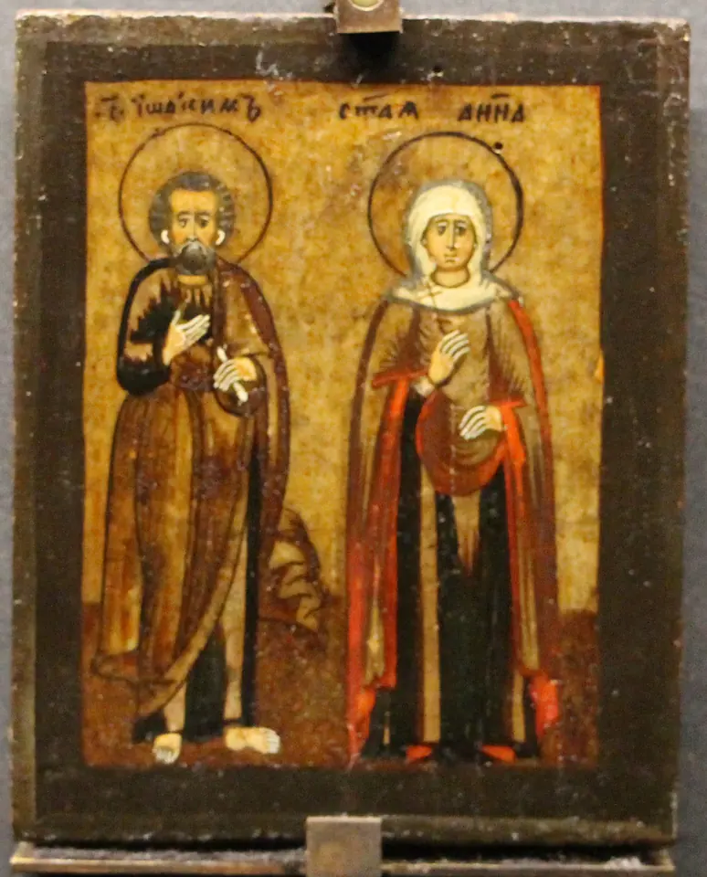 Small Russian icon of Joachim and Anna standing side by side on a gold ground, each with a halo and a hand raised