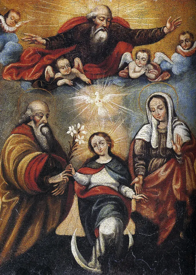 Colonial painting of the young Virgin Mary kneeling between an old bearded Joachim and Anne, with God the Father, the dove and angels above
