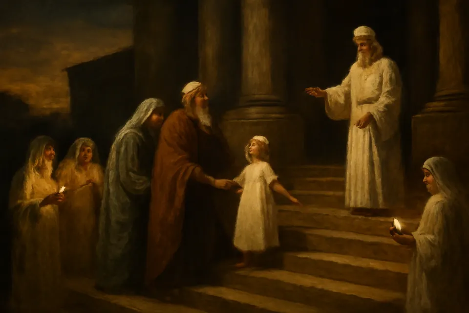 Painting-style illustration of an elderly couple bringing a small girl to the steps of the Temple, with young girls holding lamps