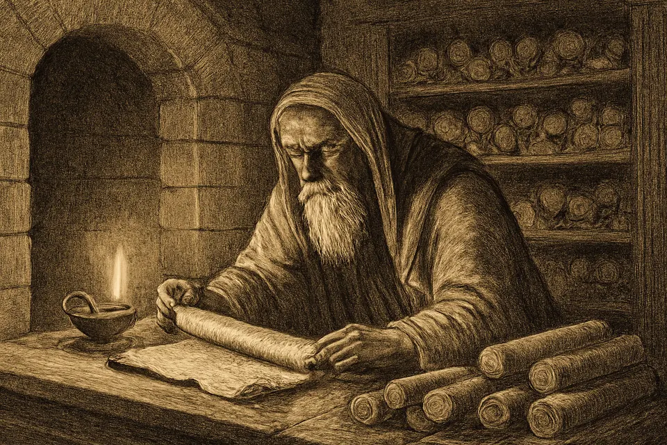 Engraving-style illustration of an old man reading through the scrolls of the twelve tribes of Israel in a stone archive