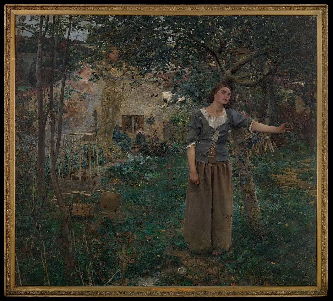 Painting of a peasant girl in a gray bodice and brown skirt standing in an overgrown garden, reaching out her left arm, while three faint figures of saints float among the trees behind her