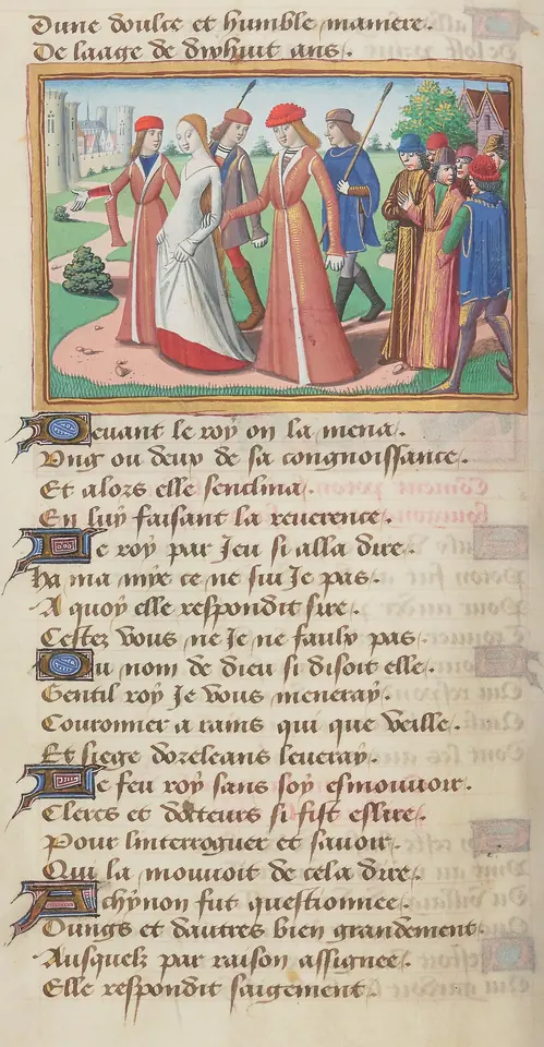 Manuscript page with a small painted miniature of Joan, in a pale dress, led through a green field by courtiers in red and blue, above columns of handwritten French verse
