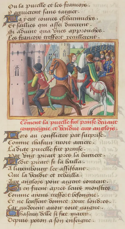 Manuscript miniature of horsemen in armor surrounding and pulling at a rider in front of a town gate, above a red heading and columns of French verse
