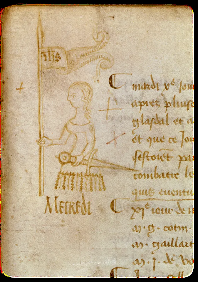Pen sketch in the margin of a handwritten register of a long-haired young woman holding a banner and a sword
