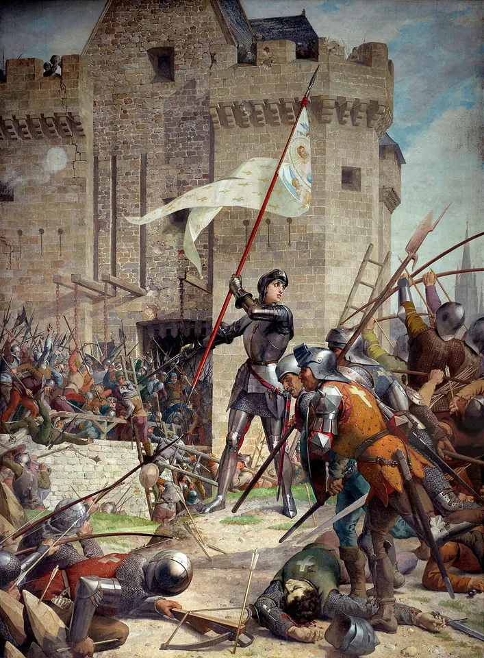 Mural of Joan in full armor on a scaling ladder, raising her white banner at the foot of a stone fortress while soldiers fight around her