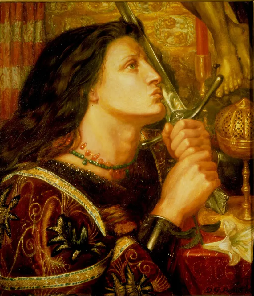 Close-up painting of a young woman with long auburn hair and a red embroidered gown, pressing the hilt of an upright sword to her lips