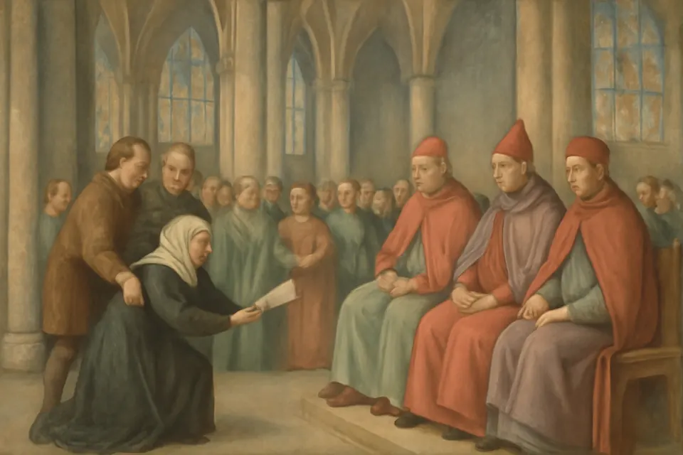 Illustration of Joan's elderly mother presenting her petition to papal commissioners in the cathedral of Notre-Dame in Paris in 1455