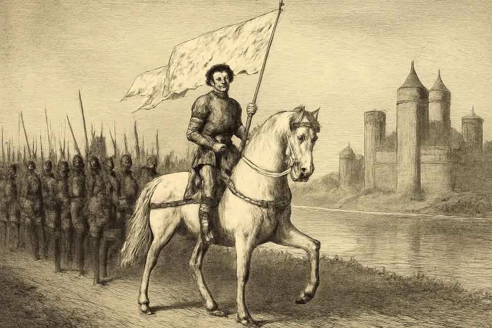 Ilustración al estilo de grabado de Juana de Arco con armadura, a caballo y con su estandarte blanco, al frente de una columna de soldados franceses