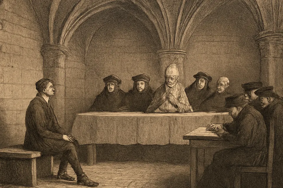 Illustration of Joan, in chains and dressed in men's clothes, answering a crowd of robed churchmen at her trial in Rouen in 1431