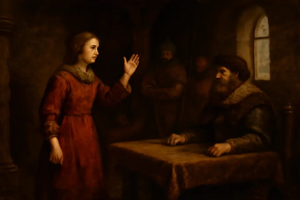 Illustration of Joan, a peasant girl in a red dress, asking the captain Robert de Baudricourt for an escort in the castle of Vaucouleurs