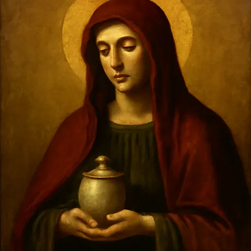 Oil-painting-style portrait of St. Joanna, a dignified woman in a deep red veil and cloak over a green robe, holding a small jar of myrrh
